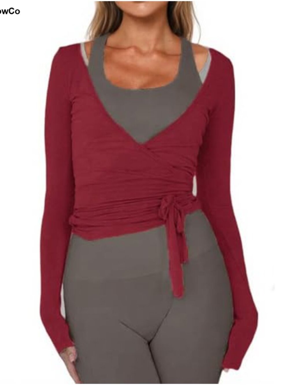 Women Long Sleeve Wrap Tie Top Slim Fit Ballet Yoga Workout Shirt